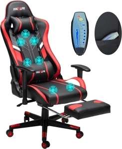 Massage Gaming Chair 7-Point, Office Chair with Footrest and Lumbar Support, Adjustable Seat Height Ergonomic, Thickened and Widened Cushions Backrest, 175° Reclining Max, Red