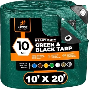 Heavy Duty Poly Tarp 10 Feet x 20 Feet 10 Mil Thick Waterproof, UV Blocking Protective Cover - Reversible Green and Black - Laminated Coating - Grommets - by Xpose Safety