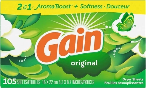 Gain dryer sheets, 105 Count, Original Scent Laundry Fabric Softener Sheets with 2-in-1 Aromaboost Plus Softness