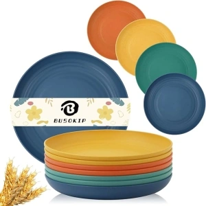 Wheat Straw Plates 10 Inch Deep Dinner Plates Set of 8, Lightweight and Unbreakable Plastic Plates Reusable, Microwave & Dishwasher Safe Kids Plates (Multi Colors)