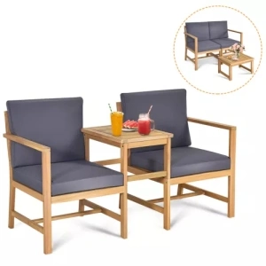 Costway 3PCS Patio Table Chairs Set Solid Wooden Sectional Garden Furniture