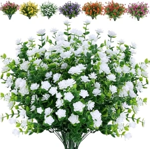 24 Bundles Artificial Flowers Fake Boxwood Shrubs UV Resistant No Fade Faux Greenery Faux Plastic Lotus for Home Garden Hanging Planter Indoor Porch Patio Office Wedding Decoration(White)