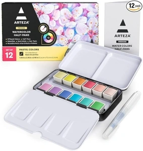 ARTEZA Watercolor Paint Set, 12 Pastel Tones Half Pans, Watercolor Set with Brush, Semi Moist Pastel Paint