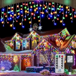 Christmas Icicle Lights Outdoor, 1008 LED 98.4 FT 8 Modes with Remote Control, Curtain Fairy String Lights for Christmas Decorations Holiday Wedding Party Eaves Window Yard Indoor (Multicolor)