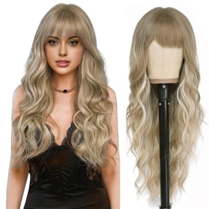 ANEW Blonde Wigs With Bangs Long Wavy Curly Ombre Wig Synthetic Heat Resistant Wigs for Women Girls Daily Party Use 26 Inches