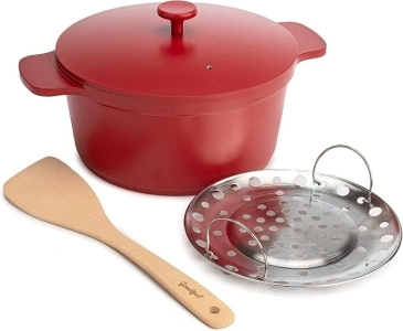 Goodful All-In-One Pot, Multilayer Nonstick, High Performance Cast Dutch Oven With Matching Lid, Roasting Rack And Turner, Made Without PFOA, Dishwasher Safe Cookware, 4.7-Quart, Crimson Red