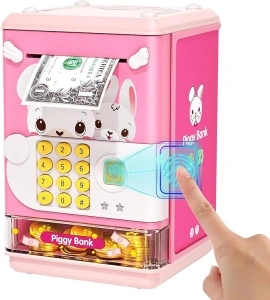 Piggy Bank Toy Electronic Mini ATM Savings Machine with Personal Password & Fingerprint Unlocking Simulation - Music Box with Songs for Kids, Boys and Girls Age 3-8 Years (Pink)