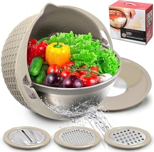 4-1 Colander with Mixing Bowl Set, 2024 New Food Strainers and Colanders Set for Kitchen, Pasta Rice Strainer, Fruit and Veggie Washer, Salad Spinner, Kitchen Essentials Strainer Basket Bowl, Beige