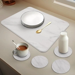 LEIKE 4PCS Bar Coasters Stone Dish Drying Mats for Kitchen Counter,Quick Dry Non-Slip, Heat Resistant, Eco-Friendly Diatomaceous Earth Mat For Bottle, Dishes, 16x12'' Whtie Marble Dish Pad for Drying