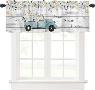 DecorLovee Curtain Valances for Windows Living Room, Farm Daisies Curtain Toppers for Bedroom, Pickup Truck Load of White Floret Rod Pocket Curtains Kitchen Valances 54 Inch Wide by 18 Inch Long