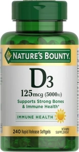 Nature's Bounty Vitamin D3, Immune Support, 125 mcg (5000iu), Rapid Release Softgels, 240 Ct