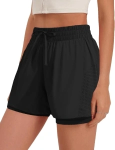 PINSPARK Athletic Shorts for Women 2 in 1 Workout Shorts High Waisted Running Shorts Gym Quick Dry Shorts with Pockets