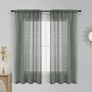 Guken Sheer Curtains 54 Inch Length 2 Panels Sets for Living Room Bedroom 52 Inch Width Farmhouse Boho Drapes Light Filtering Pom Pom Curtains Tufted Semi Sheer Kids Rod Pocket,Grey,W52xL54