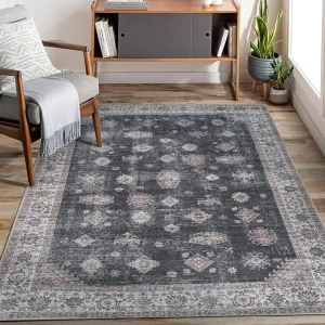 Adiva Rugs Machine Washable 3x5 Area Rug with Non Slip Backing for Living Room, Bedroom, Bathroom, Kitchen, Printed Vintage Home Decor, Floor Decoration Carpet Mat (Black, 3' x 5')