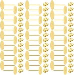 Stainless Steel Earrings Posts Flat Pad (2 Size) with 100 Pairs Earring Backs for Earring Making Findings, Total 200 Pieces (Golden, 6mm,8mm)