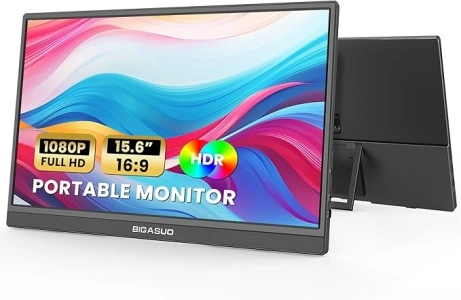 BIGASUO Portable Monitor, 15.6'' FHD 1080P USB-C HDMI Travel Laptop Monitor, HDR IPS Ultra-Slim Gaming Monitor with Kickstand & Speakers, External Monitor for Laptop PC MAC Phone PS4/5 Xbox Switch