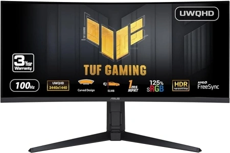 ASUS TUF Gaming 34” Ultra-Wide Curved HDR Monitor (VG34VQEL1A) - 21:9, UWQHD (3440 x 1440), 100Hz, Extreme Low Motion Blur, FreeSync, 1ms, DisplayPort, HDMI, USB, Tripod Socket, Height Adjustable