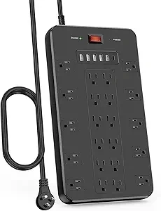 Surge Protector Power Strip, FDTEK 22 AC Multiple Outlets with 6 USB (1 USB-C), 6.5Ft Extension Cord Flat Plug Outlet Extender Heavy Duty Power Strip for Home Office Dorm Gaming (2100J, 15A/1875W)