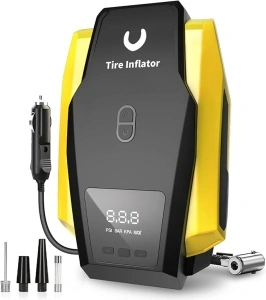 Tire Inflator Portable Air Compressor - Air Pump for Car Tires - 12V DC Compact Tire Pump with Auto Shutoff Function - Multipurpose Car Accessory with LED Light, Yellow, Large