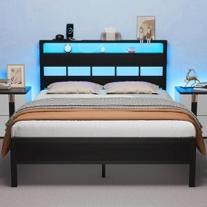 Furnulem Full Size Bed Frame with LED Light and Charging Station, Storage Headboard with 2-Tier Shelves, Metal Platform Bed with Heavy Duty Slats Support, No Box Spring Needed, Black Oak