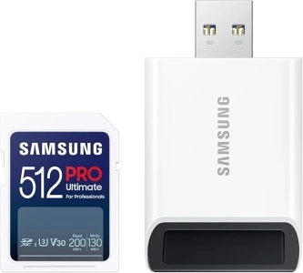 SAMSUNG PRO Ultimate Full Size Memory Card+USBReader, 512GB SDXC, Up to 200 MB/s, 4K UHD, UHS-I, C10, U3, V30, A2 for DSLR, Mirrorless Cameras, PCs, MB-SY512SB/AM