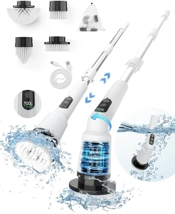 Electric Spin Scrubber, IPX7 Waterproof Cordless Cleaning Brush with 4 Replaceable Brush Heads, Adjustable Extension Handle and 3 Adjustable Speeds for Bathroom, Tub, Tile, Floor