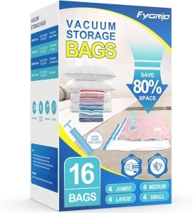 16 Pack Vacuum Storage Bags with Hand Pump, 4 Jumbo + 4 Large + 4 Medium + 4 Small 80% Space Saver Vacuum Seal Bags for Clothing, Vacuum Compression Bags Travel Lugggage, Blankets, Comforters