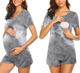 Ekouaer Maternity Nursing Pajamas Set Short Sleeve Breastfeeding Sleepwear Double Layer Postpartum Top and Shorts Set