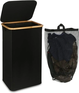 Laundry Hamper with Lid, 100L Tall Laundry Basket with Bamboo Handles for Clothes and Toys, Collapsible Laundry Hamper with Inner Bag for Bedroom and Bathroom, Black