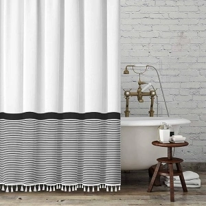 Seasonwood Black and White Shower Curtain Striped with Tassels for Bathroom Decor,Heavy Weighted 72-Inch, 72 x 72