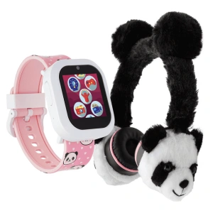 iTech Jr Kids Girls Fuzzy Black White Panda Smartwatch with On Ear Bluetooth Headphones