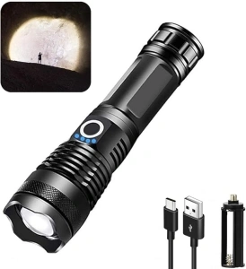 LED Flashlights, 10000 Lumen Super Bright Tactical Flashlight, Rechargeable Flash Light, 5 Modes Zoomable Waterproof Flash Lights for Emergency, Camping, Hiking, Outdoor, Home