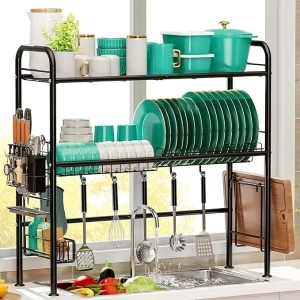 MOUKABAL Stainless Steel Over The Sink Dish Drainer Drying Rack: 2-Tier | Space Saving- Multifunctional & Storage Counter Kitchen Organizer for≤31.5