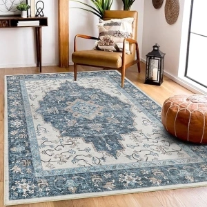 Vintage Washable Rug，3x5 Boho Area Rug for Living Room, Bedroom, Kitchen, Soft Non-Slip Foldable Indoor Rug, Blue/Ivory