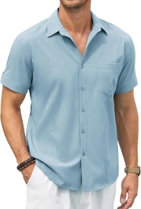 COOFANDY Men's Cuban Guayabera Shirts Short Sleeve Linen Tops Beach Button Down Shirt with Pockets