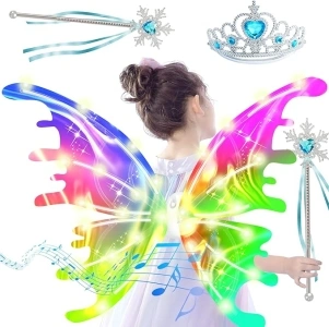 Electric Light Up Butterfly Wings Moving with Music - Princess Costume Crown Wand Dress Up, Princess Toys for Kids Ages 3-6 5-7 as Halloween Valentine Birthday Christmas Party Gifts