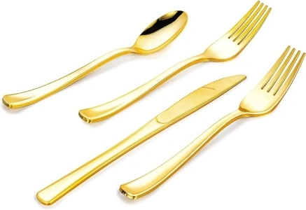 Lullaby 320pcs Gold Plastic Silverware, Gold Disposable Silverware Include 120 Forks, 100 Spoons, 100 Knives, Gold Plastic Flatware, Gold Cutlery Set Disposable for Weddings, Party and Daily Use