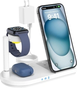 Wireless Charger Stand for Apple Devices, Fast Charging Station Multi Charger with Night Light for iPhone 15/14/13/12 Series, ONLY for iWatch 9/8/7/6/SE/5/4/3/2, for Airpods