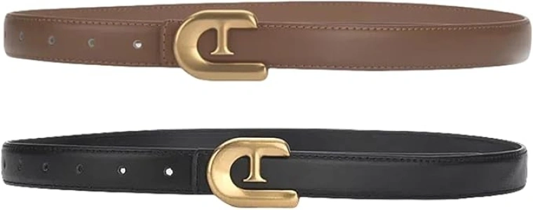 2 Pack Leather Thin Belts For Womens Skinny Waist Belt For Dresses Jeans Pants with Gold Alloy Buckle