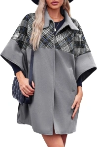 Tankaneo Womens Oversized Plaid Pea Coat Winter Casual Mid Length Cape Poncho Jackets with Pockets