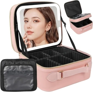 Travel Makeup Bag with LED Mirror Double Layer, Detachable Vanity Mirror with Lights, Tri-light Dimmable, Makeup Case with Adjustable Dividers and Brush Holder Cosmetic Organizer Storage Box for Women