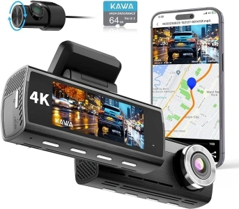 KAWA True 4K Dash Cam Front and Rear, Free 64GB Card, 2160P WiFi Dash Camera for Cars with Sony Starvis IMX415, Built-in GPS Dual Dashcam Voice Control, 3.16” IPS Screen, Night Vision, 24H Park Mode