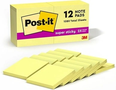 Post-it Super Sticky Notes, 12 Sticky Note Pads, 3 x 3 in., School Supplies, Office Products, Sticky Notes for Vertical Surfaces, Monitors, Walls and Windows, Canary Yellow