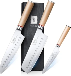 TIVOLI Chef Knife Set Professional Kitchen Knife Set 3PC Stainless Steel Japanese Knife Set with Gift Box Cooking Knife Set with Ultra Sharp Blade & Wooden Handle(Nakiri Knife,Chef Knife,Paring Knife)