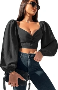 VIDUSSA Women's Puff Long Sleeve Crop Tops Twisted Knot Front V Neck Smocked Shirts Blouses