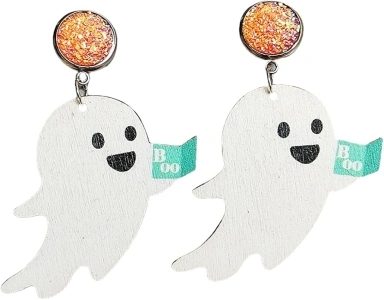 Halloween Cute Ghost Pumpkin Clown Wooden Dangle Earrings Cartoon Ghost Halloween Wood Earrings for Women Handmade Dainty Festive Party Cosplay Costume Jewelry