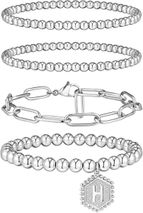 doubgood Gold Beaded Bracelets for Women, Stackable Gold Bracelets for Women 14K Real Gold Plated Stretch Bead Ball Bracelet with Letter Pendant