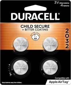 Duracell 2032 Lithium Battery. 4 Count Pack. Child Safety Features. Compatible with Apple AirTag, Key Fob, and other devices. CR2032 Lithium 3V Cell. 2032 Battery, Lithium Coin Battery