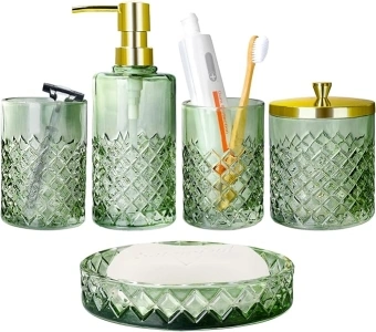 Bathroom Accessory Set,5 PCS Modern Premium Glass Bath Accessories,Lotion Soap Dispensers,Toothbrush Holder,Qtip Holder,Acacia Wooden Tray,Gift for Home Decor & Countertop Organizer (New Green)