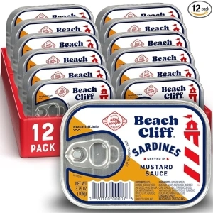 Beach Cliff Wild Caught Sardines in Mustard Sauce, 3.75 oz Can (Pack of 12) - 18g Protein per Serving - Gluten Free, Keto Friendly - Great for Pasta & Seafood Recipes